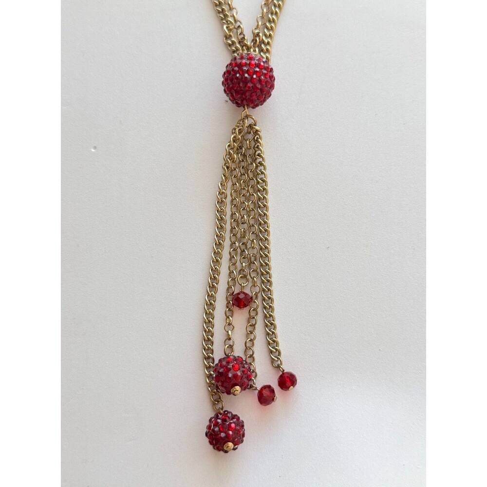 Vintage  Red Rhinestone Shamballa Ball Tassel Necklace & Earring Set - Picture 4 of 8
